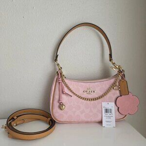 Coach Teri Shoulder Bag Signature Canvas With Charms Gold/Powder Pink CEA20